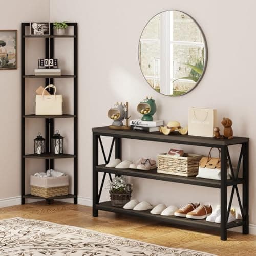 FATORRI Walnut Brown Rustic Tall 5-Tier Industrial Corner Bookshelf