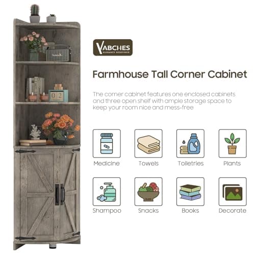 Vintage Grey Farmhouse Corner Cabinet with Barn Doors, 6 Shelves, 65.16" Tall