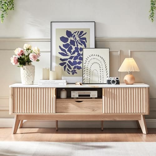 Mid-Century Modern TV Console with Cabinets, Faux Marble Top (65"/60"/55")