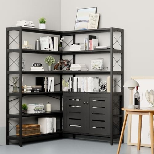 Industrial Corner Bookcase with Metal Frame for Living Room Home Office
