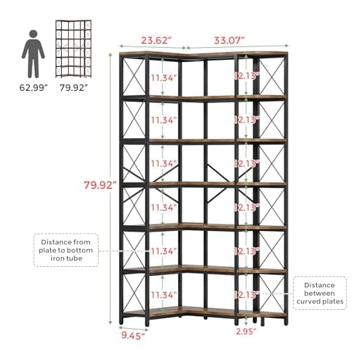 Modern Industrial 7-Shelf Reversible Corner Bookshelf with Metal Frame, Rustic Brown for Living Room, Home Office, Bedro