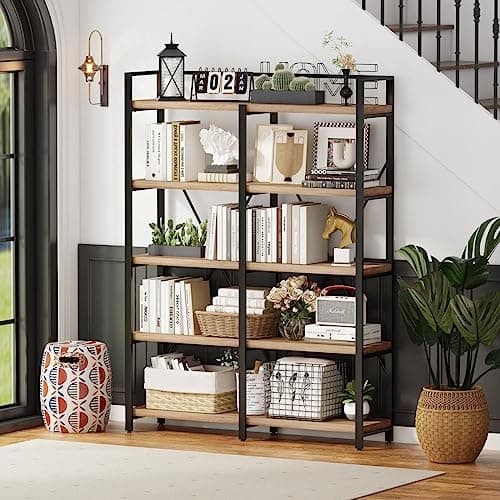 FATORRI Rustic Oak 5-Tier Bookshelf, 51" Wide