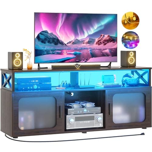 Modern TV Stand for 55-60 Inch TV with LED Light, Charging Station, and Soundbar Shelf