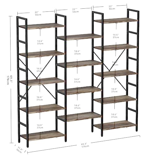 IRONCK Triple Wide Industrial Bookshelf with 5 Tiers for Living Room, Bedroom, and Home Office