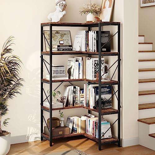 YITAHOME Industrial 5 Tier Corner Bookshelf, Large Rustic Brown Display Rack