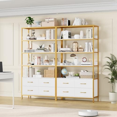 HITHOS 5 Tier Modern Wood Bookshelf with Drawers, 71" Tall Storage Cabinet