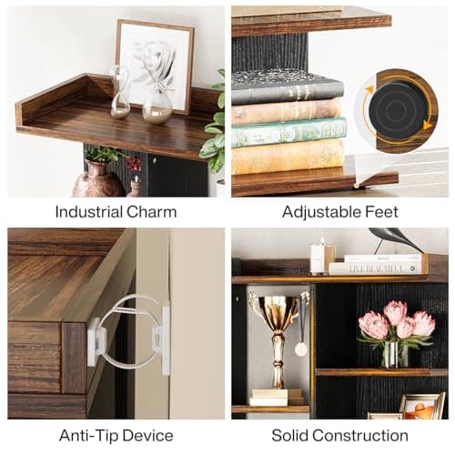 Industrial Wood 7-Tier Bookshelf with 20 Storage Cubes