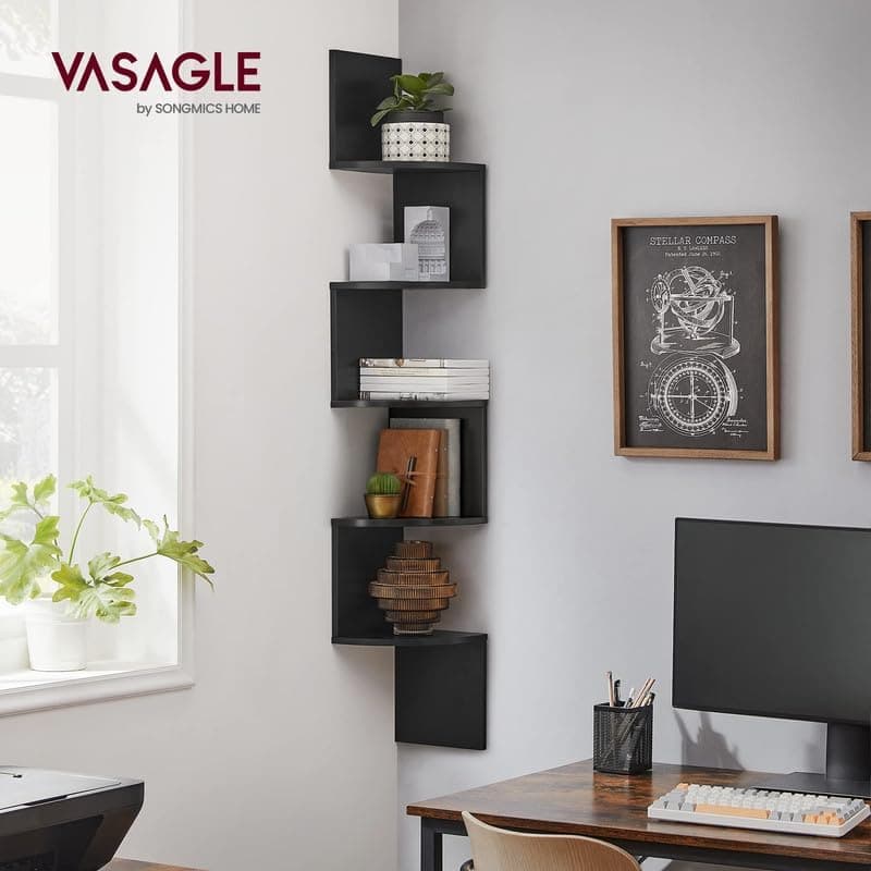 VASAGLE Ink Black 5-Tier Corner Wall Mount Shelf for Any Room