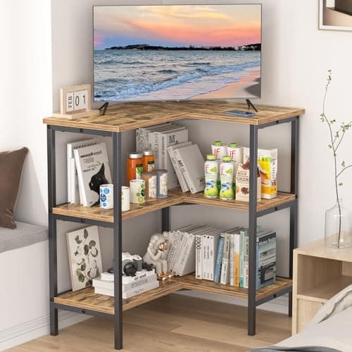 VECELO 40 Modern Corner TV Stand with Open Shelves for Living Room and Bedroom, Grey