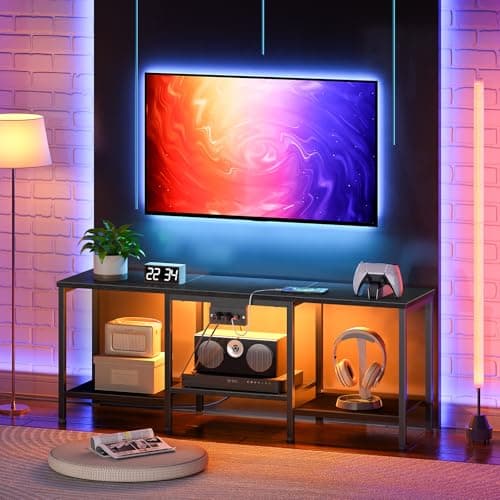 HOOBRO 55 Inch TV Stand with Charging, LED Entertainment Center, Rustic Brown