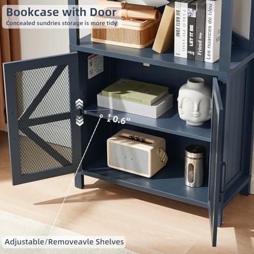 Navy Blue 5 Tier 70" Tall Barn Door Bookshelf for Living Room and Kitchen