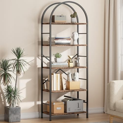 Shintenchi Arched 5-Tier Bookshelf, Tall Rustic Brown for Home Office or Bedroom