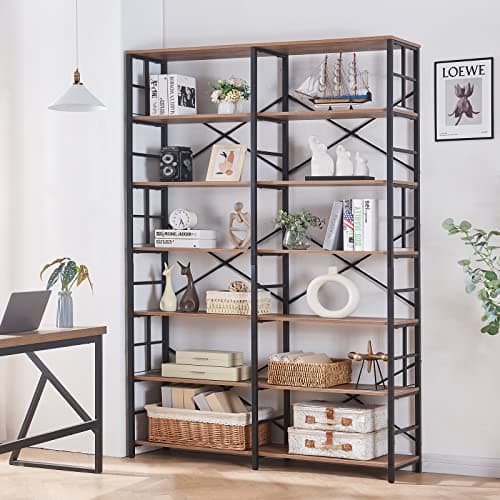 84 Tall Industrial Double Wide 7-Tier Bookshelf for Living Room or Home Office