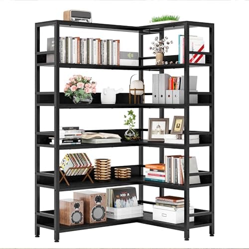 IRONCK 6-Tier Corner Bookshelves with Baffles for Living Room and Home Office
