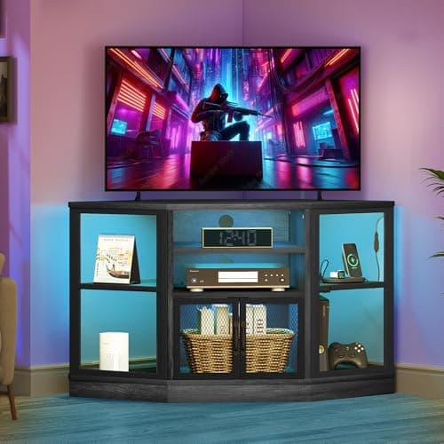 YITAHOME 47-Inch Modern Corner TV Stand with Storage and LED Light for Living Room or Bedroom, White
