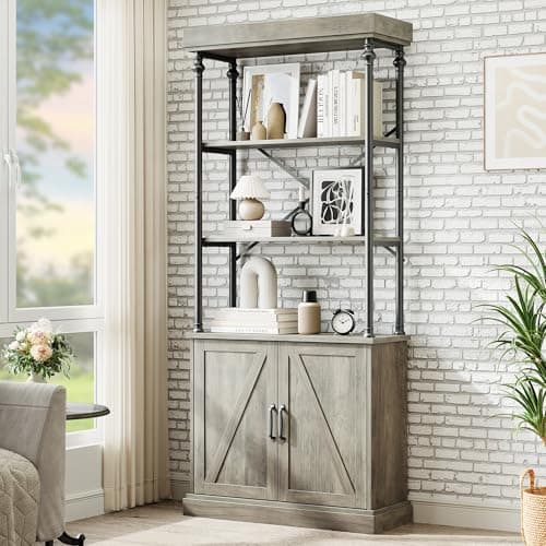 IDEALHOUSE Tall Bookshelf with Doors 73.62in Industrial Open Rack Shelf Wood & Metal