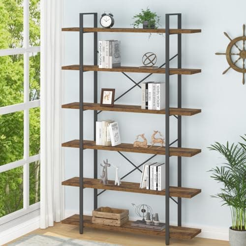 HSH Industrial Modern 6 Shelf Tall Bookcase, Rustic Brown for Living Room & Office