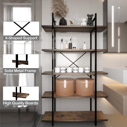 Industrial Rustic Brown Metal Bookshelf, 5 Tiers, Standing Storage for Home Office and Study.