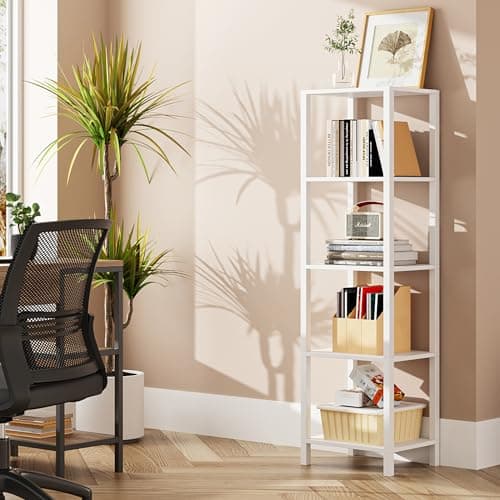 TUTOTAK White 5-Tier Tall Narrow Bookshelf for Small Spaces