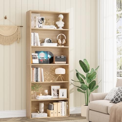 Fotosok Light Oak 6-Tier Bookshelf for Bedroom, Living Room & Office