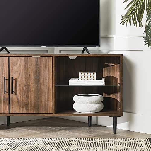 Walker Edison Dark Walnut 2 Door Glass Shelf TV Stand, Fits up to 55" TVs