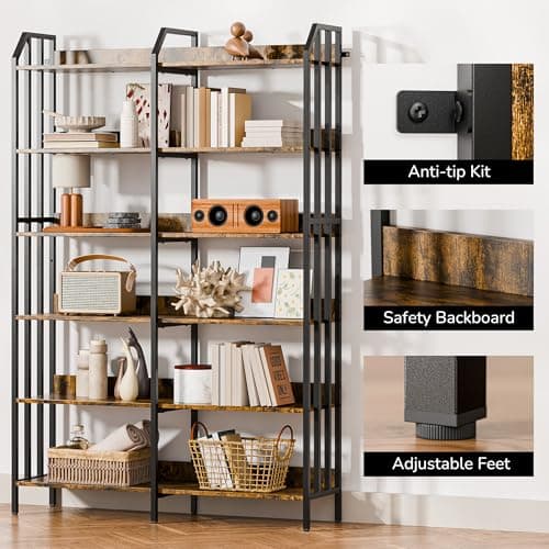 RECCI Double Wide 6 Tier Industrial Wooden Bookcase