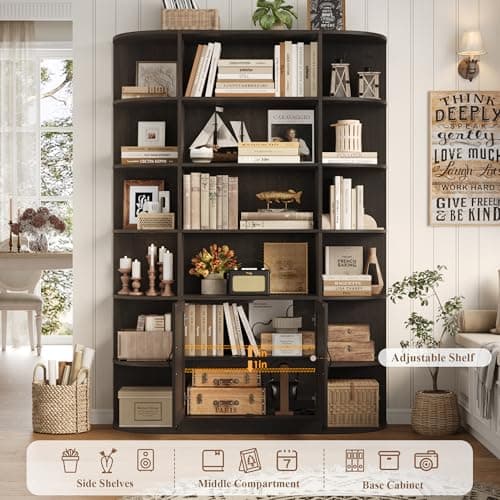 75" Tall BOOK SHELF & BOOKCASE, 6 Tier Storage, 47" Wide with Doors, Dark Brown Wood Shelves, Home Office Cabinet