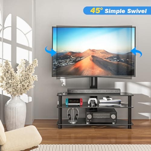 Swivel Glass TV Stand with Mount for 32-70 Inch Screen TV, Height Adjustable Entertainment Center