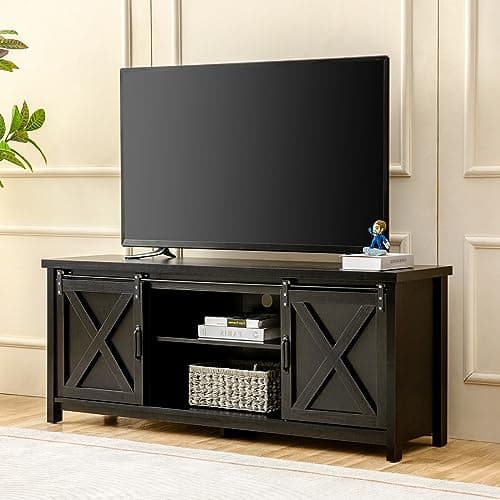 GAZHOME Dark Grey Rustic Modern Farmhouse TV Stand with Sliding Doors Storage