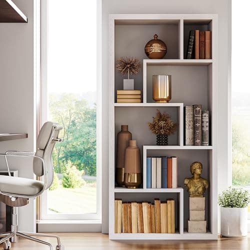 IRONCK White 6-Shelf Industrial Geometric Bookcase Tall Storage Display for Living Room Home Office