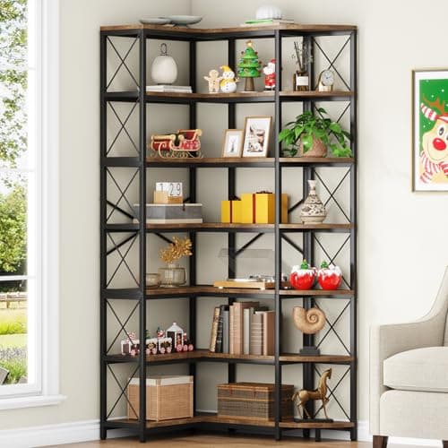 Modern Industrial 7-Shelf Reversible Corner Bookshelf with Metal Frame, Rustic Brown for Living Room, Home Office, Bedro
