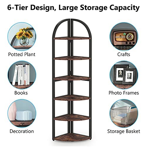 Tribesigns 6 Tier Corner Bookshelf, 71" Tall, Rustic Plant Stand for Living Room, Home Office, Kitchen