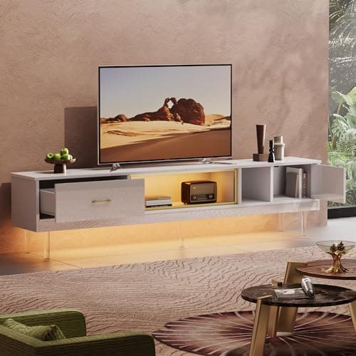 Modern TV Stand for 85 inch TV with Storage Drawer & Cabinets in White Gold