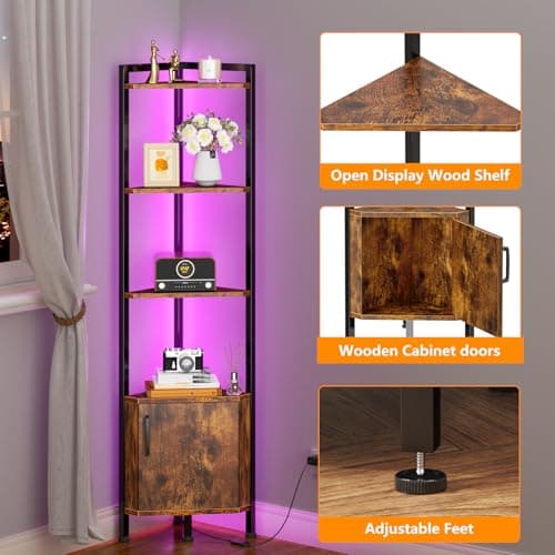 Narrow 5-Tier LED Corner Shelf with Storage for Bedroom, Living Room, Kitchen - Rustic Brown Wood Display Shelf