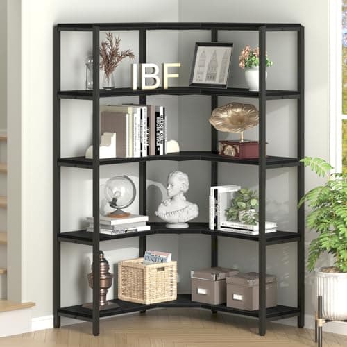 IBF 5-Tier Black Corner Bookshelf, Modern L-Shaped Storage Organizer