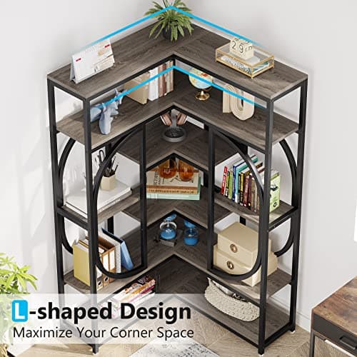 Tribesigns Large Grey Corner Bookshelf with Storage for Living Room and Office