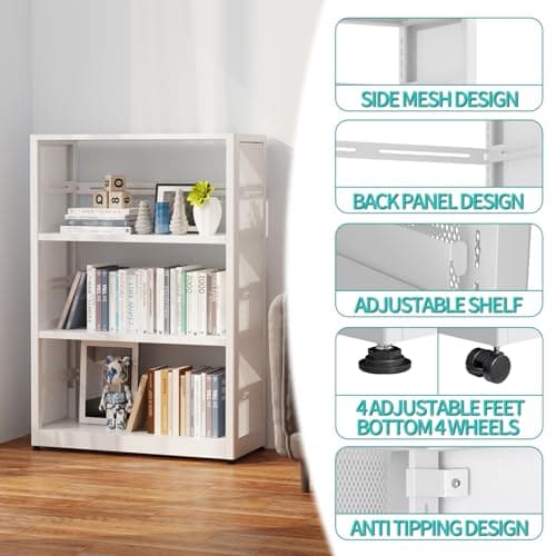 3-Tier Metal Storage Shelves with Wheels, Adjustable Feet, and White Finish