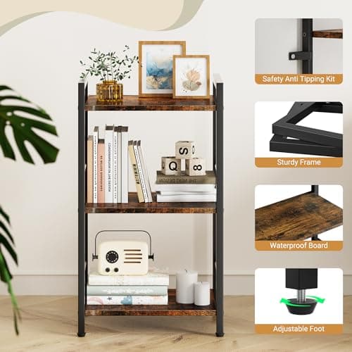 Rustic Brown 3-Tier Metal & Wood Bookshelf for Living Room and Bedroom