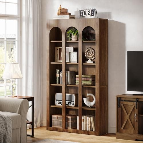 Tribesigns Walnut Brown 5-Tier Mid Century Arched Bookshelf for Home Office