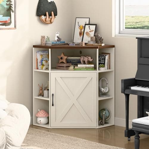 Industrial Corner Cabinet with USB Ports Off White 6-Cubby Bookshelf