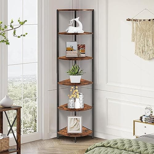 Industrial 6 Tier Corner Shelf: 63.1 Tall Rustic Bookcase for Living Room or Bedroom