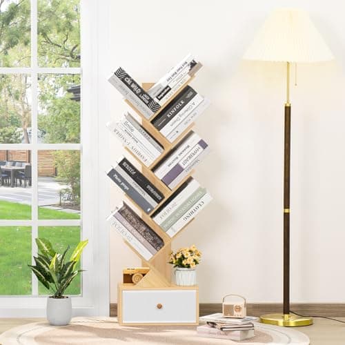 Natural 8-Tier Standing Wood Bookshelf with Drawer for Narrow Spaces