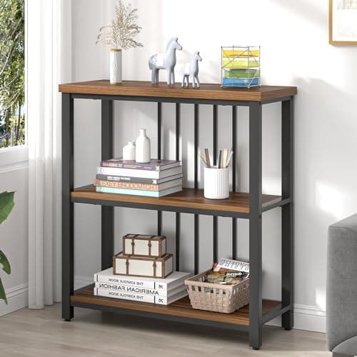 FOLUBAN 3-Tier Industrial Metal & Wood Bookshelf, Rustic Walnut, for Living Room and Bedroom