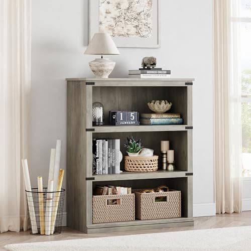 GAOMON 3 Tier Grey Farmhouse Bookshelf with Storage
