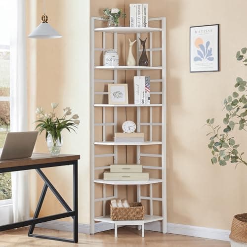 HOMISSUE Industrial Corner Bookshelf, 6 Tier White Storage