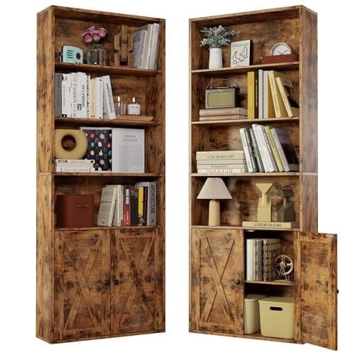 Industrial Bookshelves Set of 2 with Doors and 6 Shelves for Home Office and Living Room