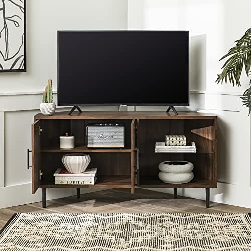 Walker Edison Dark Walnut 2 Door Glass Shelf TV Stand, Fits up to 55" TVs