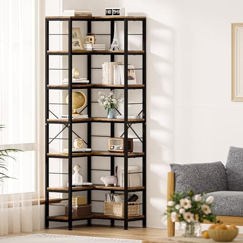 Rustic Brown 7-Tier 80" Tall Industrial L-Shaped Corner Bookcase