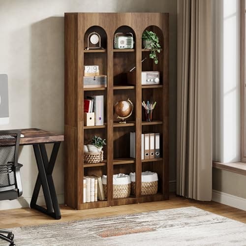 Tribesigns Walnut Brown 5-Tier Mid Century Arched Bookshelf for Home Office