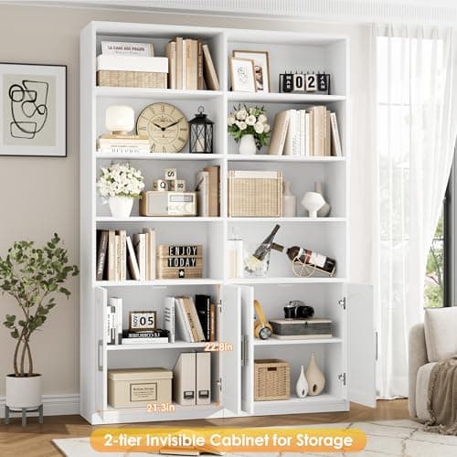 Double Wide 6 Tier White Bookshelf with Doors & Storage Cabinets for Home Office